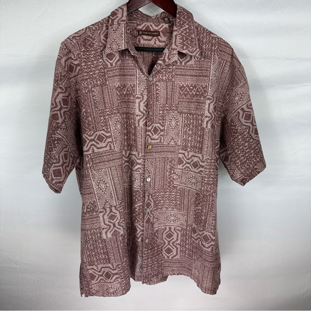 Tori Richard Hawaiian Shirt Mens XL Brown Cotton Lawn Tropical All Over Print